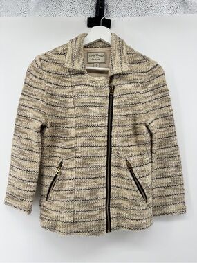 Lucky Brand Neutral Striped Zip-Front Knit Jacket
